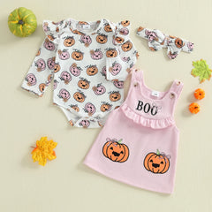 Baby Girl Pumpkin Print Halloween Romper & Dress Set with Bow Headband