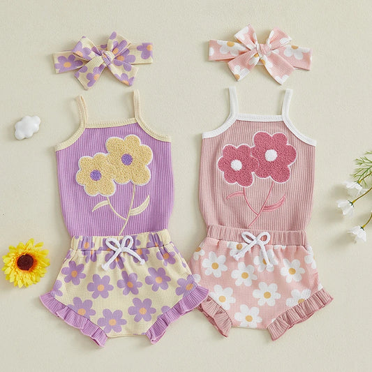 Baby Girl Embroidered Romper, Ruffle Shorts & Headband Set
