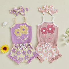 Baby Girl Embroidered Romper, Ruffle Shorts & Headband Set