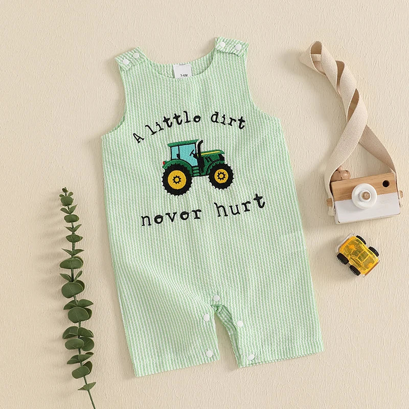 Newborn Baby Boys Trucker Embroidery Striped Sleeveless Romper