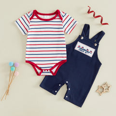 Baby Boys 4th of July Outfit Striped Romper with Flag Embroidery Overalls