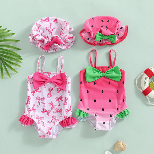 Baby Girl Watermelon Print Swimsuit With Hat