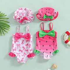 Baby Girl Watermelon Print Swimsuit With Hat