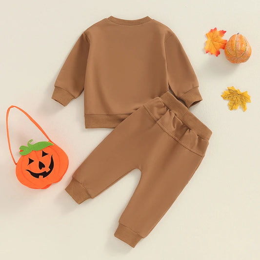 Baby Boys Halloween Letter Print Top & Solid Pants Autumn Set