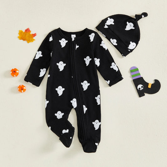 Baby Boys’ Halloween Ghost Print Footies with Hat