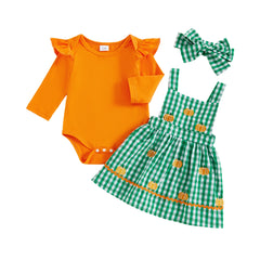 Baby Girl Ruffle Romper, Plaid Pumpkin Dress & Headband Fall Outfit