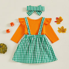 Baby Girl Ruffle Romper, Plaid Pumpkin Dress & Headband Fall Outfit
