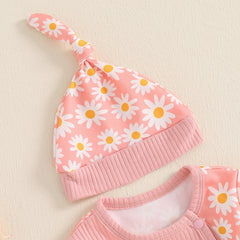 Baby Girl Floral Button-Down Romper with 3D Flowers, Long Sleeve & Hat Set