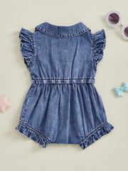Baby Girl Denim Onesie  Fly Sleeve, Button-Up Bodysuit