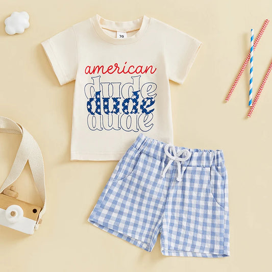 Baby Boys Patriotic 4th of July T-Shirt and Elastic Plaid Shorts Set