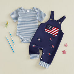Baby Boys Fourth of July Short Sleeve Striped Romper + Overalls