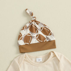 Baby Boy Football Romper, Pants & Knotted Hat Fall Outfit