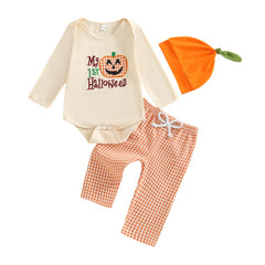 Baby Boys Pumpkin Onesie, Plaid Pants & Hat Halloween 3-Piece Outfit