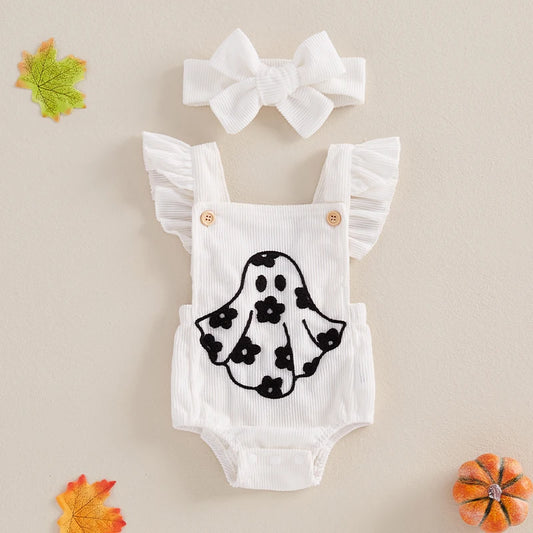 Newborn Girl Fly Sleeve Halloween Ghost Romper with Hairband