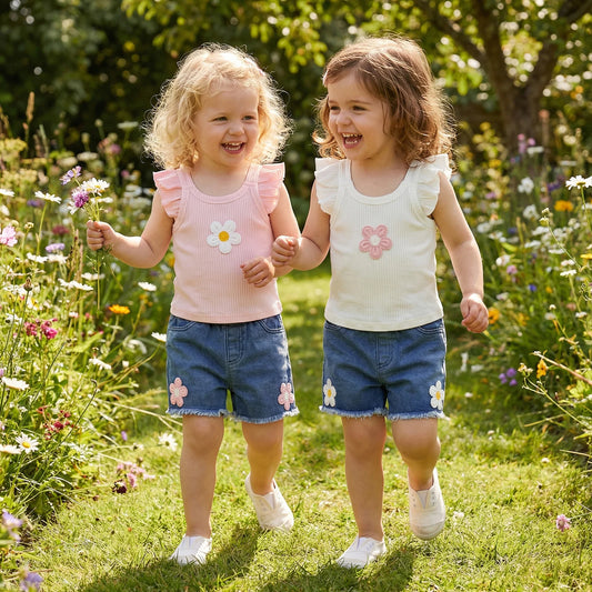Baby Girls Flower Camisole with Denim Shorts Outfit