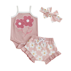 Baby Girl Embroidered Romper, Ruffle Shorts & Headband Set