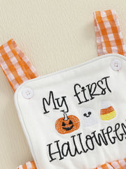 Baby Boy Halloween Pumpkin & Ghost Embroidery Plaid Romper