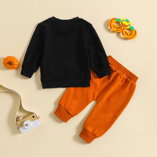 0–3 Years Toddler Boy Letter Print Long Sleeve Top & Solid Pants Halloween Outfit