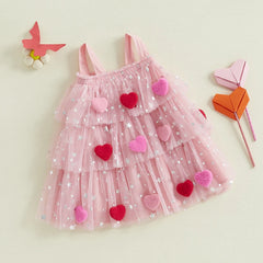 Toddler girl Valentine’s Sleeveless Dress with Star and Heart Prints