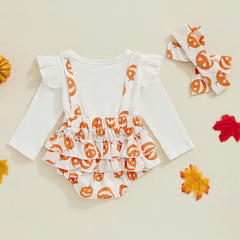 Baby Girl Halloween Pumpkin Long Sleeve Jumpsuit Romper with Ruffled Hem & Headband