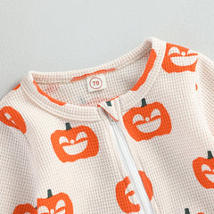 0–24M Baby Long Sleeve, Zipper, Fall/Halloween Pumpkin Romper