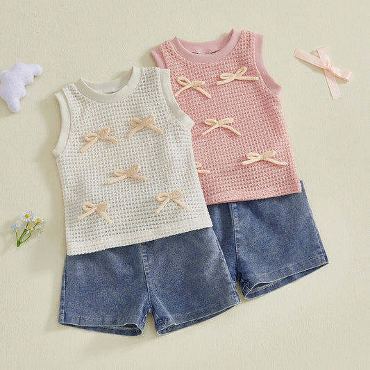 Baby Girl Sleeveless Bow Front Tank + Denim Shorts Outfit