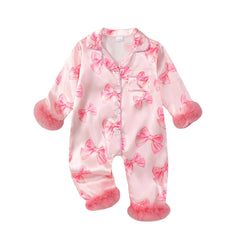 0-24M Baby Girl Bow Print Furry Romper Pajamas