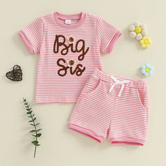 Sister Matching Floral Letter Top & Striped Shorts Outfit Set