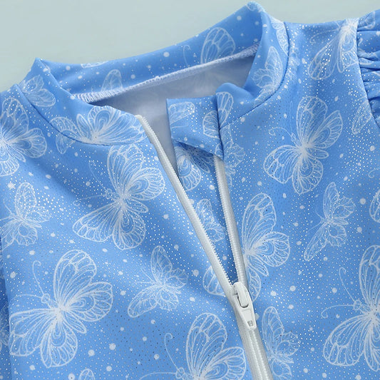 Baby Girl Long Sleeve Rash Guard Swimsuit – UV Protection with Ruffle Detail & Animal Print