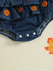 Baby Girl Pumpkin & Ghost Embroidery Halloween Denim Romper