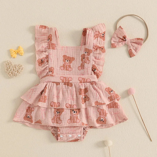 Baby Girls Sleeveless Tiered Bear Print Dress with Headband