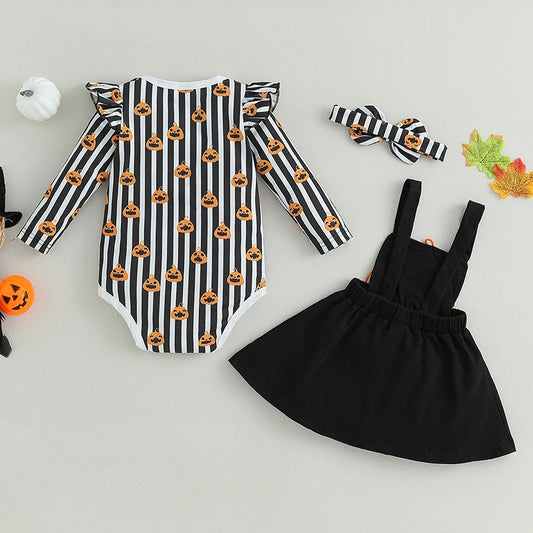 0–18M Baby Girl Halloween Pumpkin Print Romper & Suspender Skirt Set