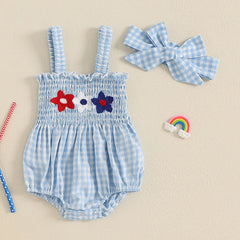 Baby Girl July 4th Outfit Plaid Letter Embroidery Romper Headband Summer Set
