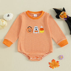 Newborn Pumpkin & Ghost Embroidery, Long Sleeve Fall Halloween Onesie