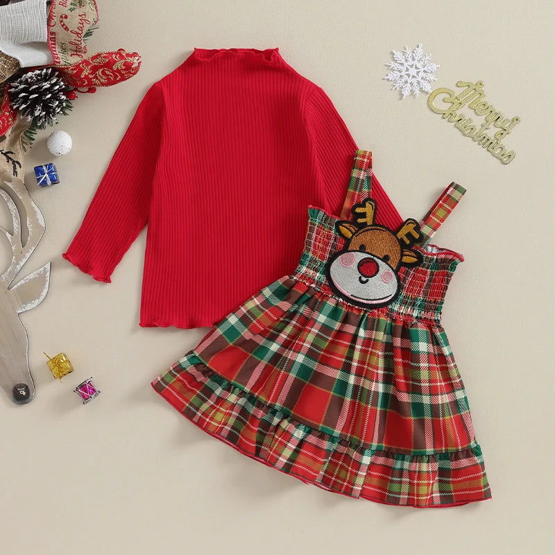 6M-6Y Girls Christmas Festive Elk Plaid Dress Set