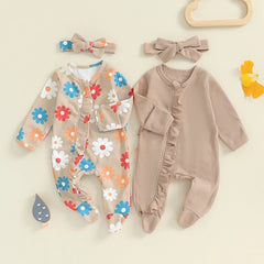Baby Girl Long-Sleeve Frilled Footie Romper with Headband