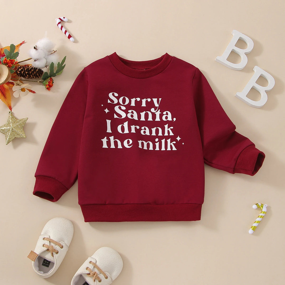 0-24M Baby Girl Autumn Red “Sorry Santa I Drank The Milk” Sweatshirt