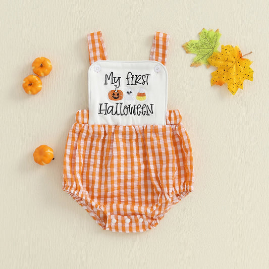 Baby Boy Halloween Pumpkin & Ghost Embroidery Plaid Romper