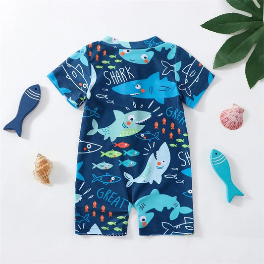 0-18M Infant Kids Boy Shark Printed Short Sleeve Zipper Jumpsuit Swimwear