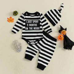 Baby Boys  Letter Print Romper, Striped Pants & Cap Halloween Outfit