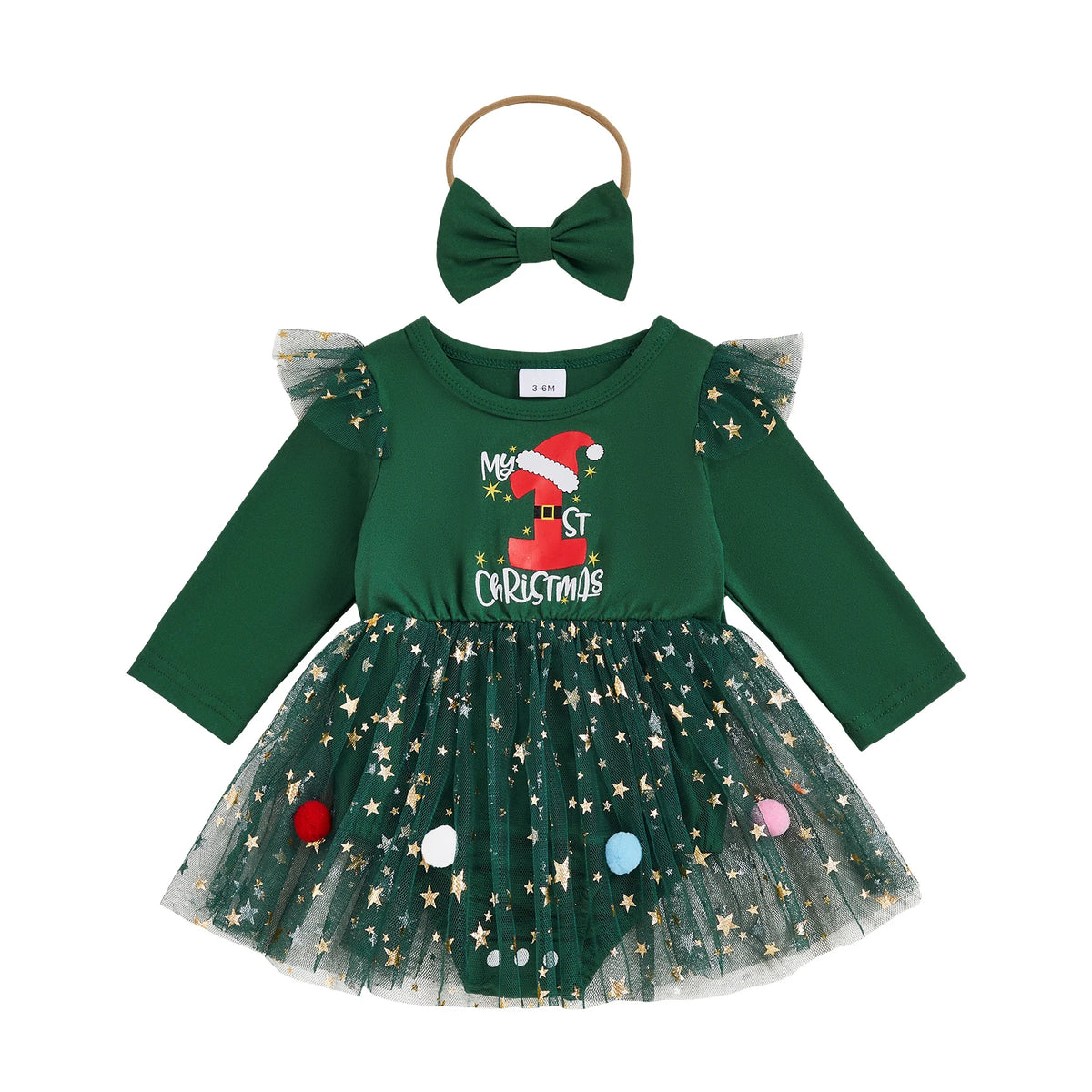 Baby Girls Christmas Romper Dress with Letter Print, Star Mesh Sleeves & Matching Headband Set