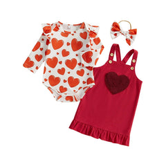 0-18M Baby Girl Ruffle Romper, Corduroy Dress, and Bow Headband