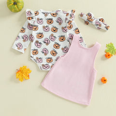 Baby Girl Pumpkin Print Halloween Romper & Dress Set with Bow Headband
