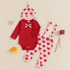 Baby Boy Long-Sleeve Romper, Suspender Pants, and Hat Valentine’s outfit