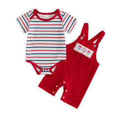 Baby Boys 4th of July Outfit Striped Romper with Flag Embroidery Overalls