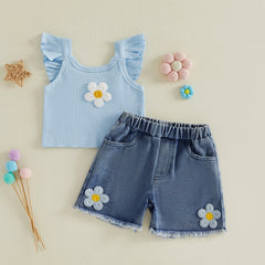 Baby Girls Flower Camisole with Denim Shorts Outfit