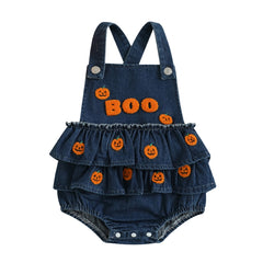 Baby Girl Pumpkin & Ghost Embroidery Halloween Denim Romper