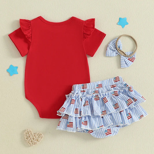 Baby Girl 4th of July Romper + Stripe Ruffled Shorts+Bow Headband