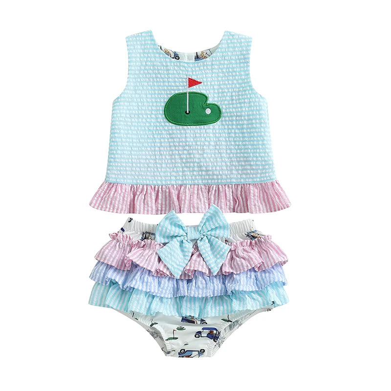 12M - 3T Baby Girl Sleeveless Golf Embroidery Tank Tops + Ruffle Shorts Set