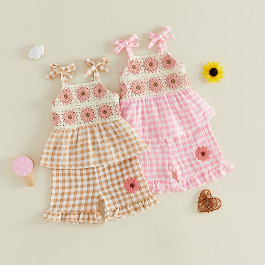 Baby Girl Sleeveless Plaid Print Outfit
